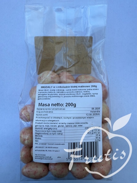 Migdały w białej malinowej czekoladzie (200g) Migdały w białej malinowej czekoladzie (200g)